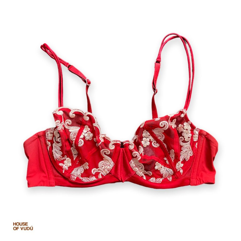 La Perla “Floralia” Red Leavers Lace Demi Bra in mesh - 36B